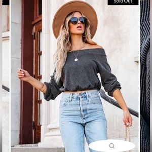 Vici INDIANA RIBBED BOAT NECK CROP TOP-Charcoal